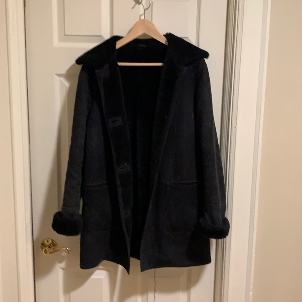Aston (NY) black genuine shearling sheepskin car coat